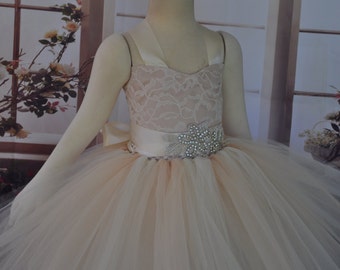 Ivory Lace Champagne Flower Girl Dress, Lace Ivory Champagne Toddler Dress, Vintage Inspired Flower Girl, Ivory Champagne Baby Dress,