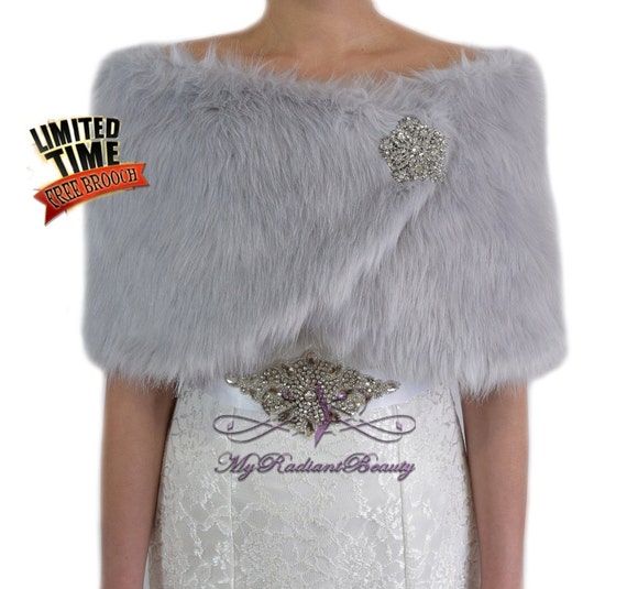 Bridal Shrug Bridal Shawl Faux Fur Wrap Silver by MyRadiantBeauty