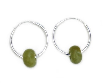 Green Jasper necklace hoops. Sterling silver.
