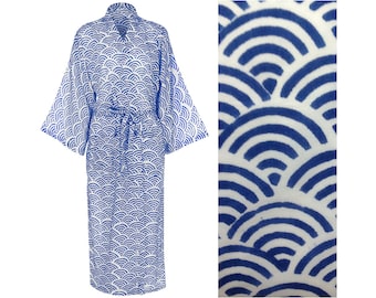 100% Organic Light Cotton Kimono Robe - Hand Printed Cotton Dressing Gown for Women - Blue Cotton Gown - All Cotton Bathrobe - Long Robe