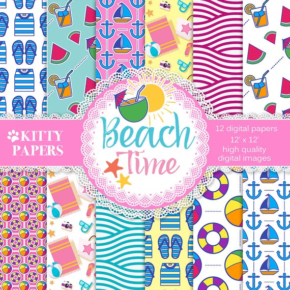 Beach digital paper : Beach Time colorful nautical papers