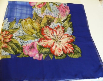 Gucci Silk Scarf Royal Blue Border with Floral Design 42 Inches