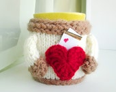 Cup Cover with Pocket for a Note of Love - Coffee Tea Mug Cover Cup Cozy Sleeve - Hand Knit Funny milky Cozy Coffee Before Talkie Cozy Cover
