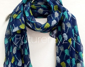 Sketched Tree Navy Blue Scarf / Spring Summer Scarf / Autumn Scarf / Accessories / Women Scarves / Gifts For Her / Handmade