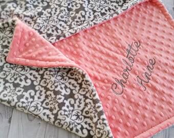 Personalized Minky Baby Blanket, Coral Baby Blanket, Lovey Blanket, Girl Baby Blanket, Damask Baby Blanket, Baby Minky Blanket
