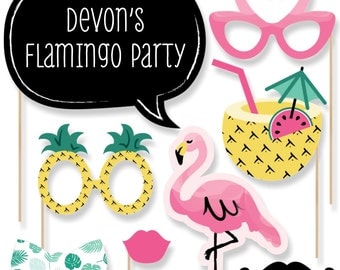 Flamingo Photo Booth Props - Let's Flamingle Photo Accessories for Baby Shower, Birthday Party or Bridal Shower - 20 Photo Props and Dowels