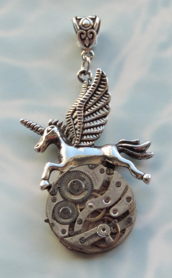 Pegasus Horse Wing SteamPunk Pocket Watch Clock Movement Pendant Necklace Victorian Industrial Mythical Fantasy Gothic Fairy Vintage Costume by TickTockGizmos steampunk buy now online
