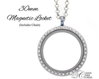 Floating Locket Necklace with Crystals • Large 30 mm Round • Magnetic • 19" Chain • Holds Floating Charms - LOC75