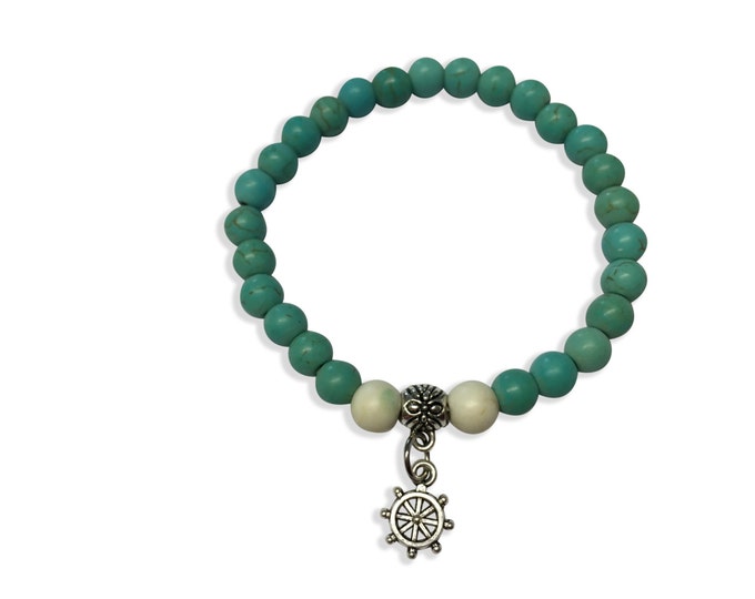 Turquoise Bracelet, Ship Steering Bracelet, Turquoise Cuff Bracelet with Ship Steering, White Beads