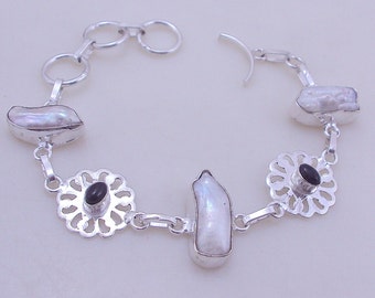 free shipping F-296 Stunning Biwa-Black Onyx .925 Silver Jewelry Handmade Bracelet 16 Gr.