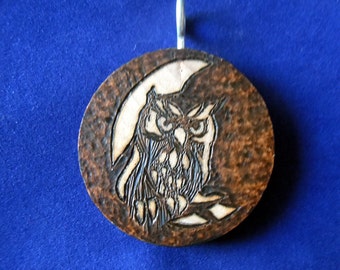 Owl moon pendant (wood burning pyrography)