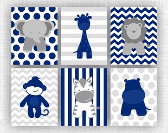 Baby BOY Nursery Wall Art Jungle Animals, Elephant, Giraffe, Hippo, Lion, Monkey, Zebra, Navy and Gray, Set of 6, 8x10, INSTANT DOWNLOAD