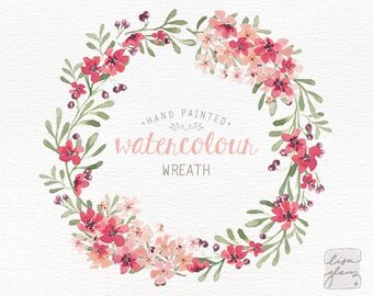 Watercolor wreath: hand painted floral wreath clipart / Wedding invitation clip art / commercial use / pink blossom berries / CM0063f
