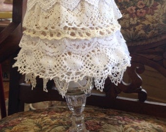 SALE! Tea Light Lamp with Shabby Chic Lace Lamp Shade ~ Rows of Lace Lamp Shade with Glass Tea Light Holder ~ French Cottage Shabby Chic Lam
