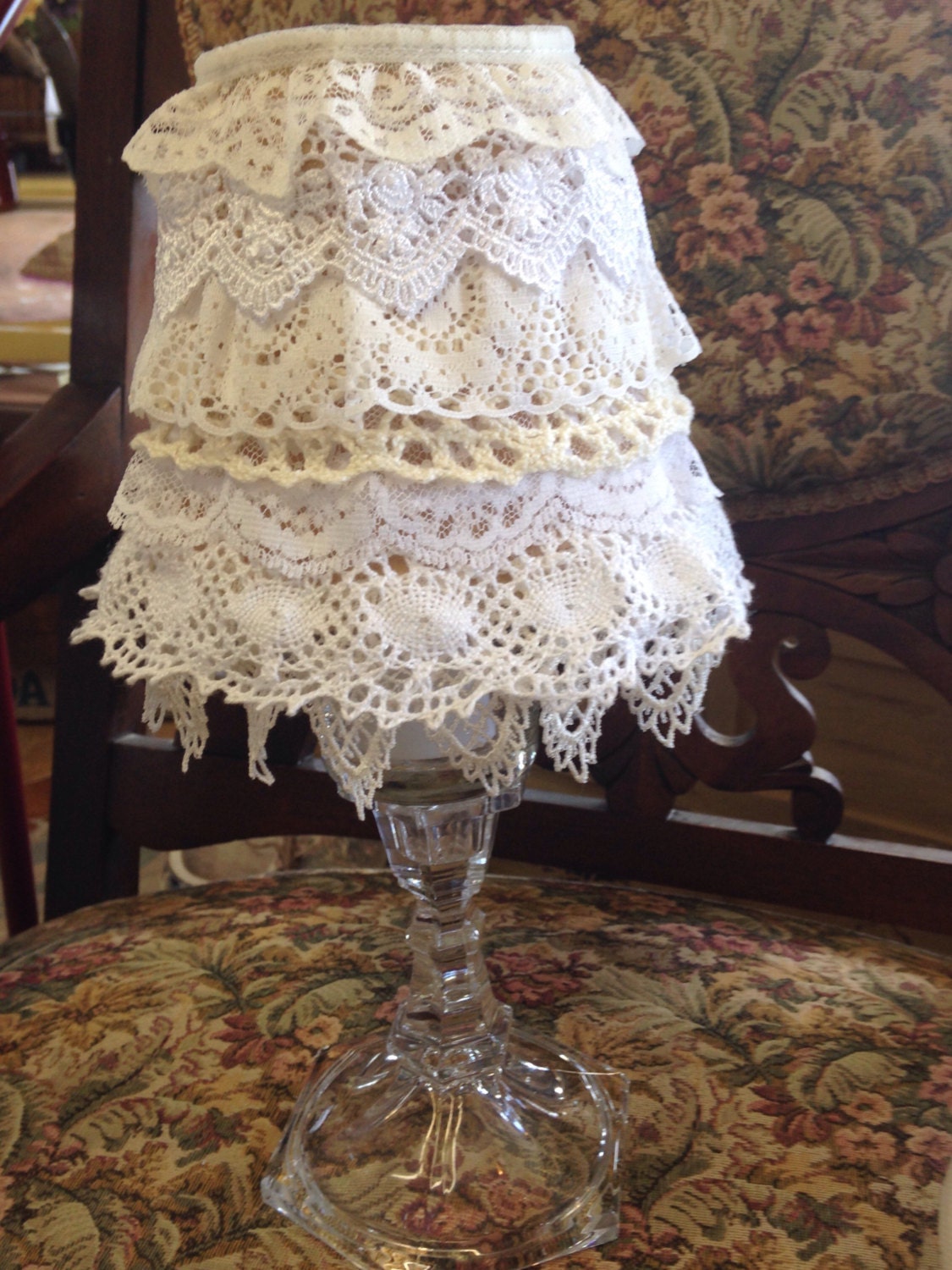 SALE Tea Light Lamp with Shabby Chic Lace Lamp Shade Rows