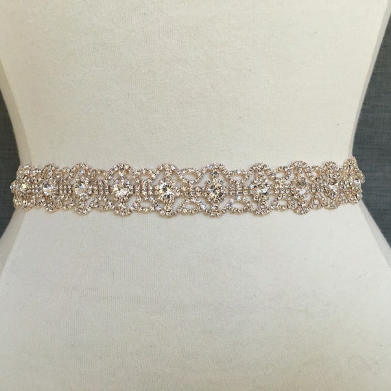 Thin Rose Gold Crystal Rhinestone Belt by BridalBeltsandSashes