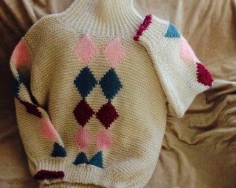 Alpaca Sweater has Diamonds on Front,Back & Sleeves of Assorted Yarns, Chic Handknit Design in Baby Soft Alpaca just Hand Wash and Dry Flat