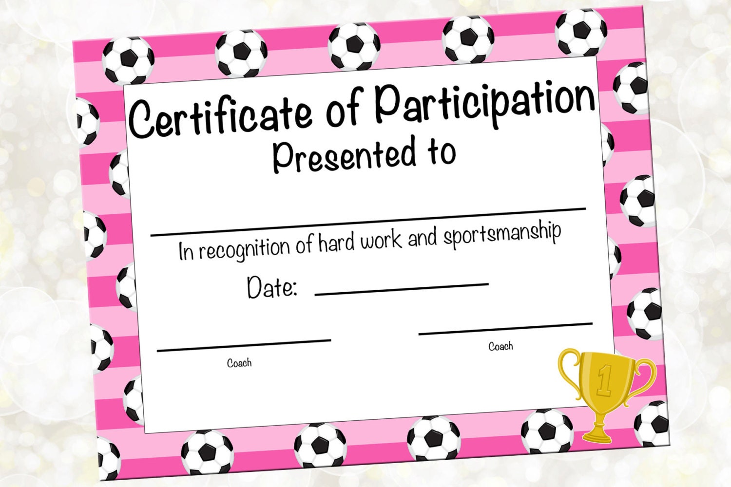 Soccer Certificate of Participation Soccer Award Print at