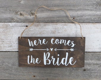 Rustic Hand Painted Wood Wedding Sign "Here Comes the Bride" - Ring Bearer Sign, Flower Girl Sign, Wedding Ceremony - 12"x5.5"