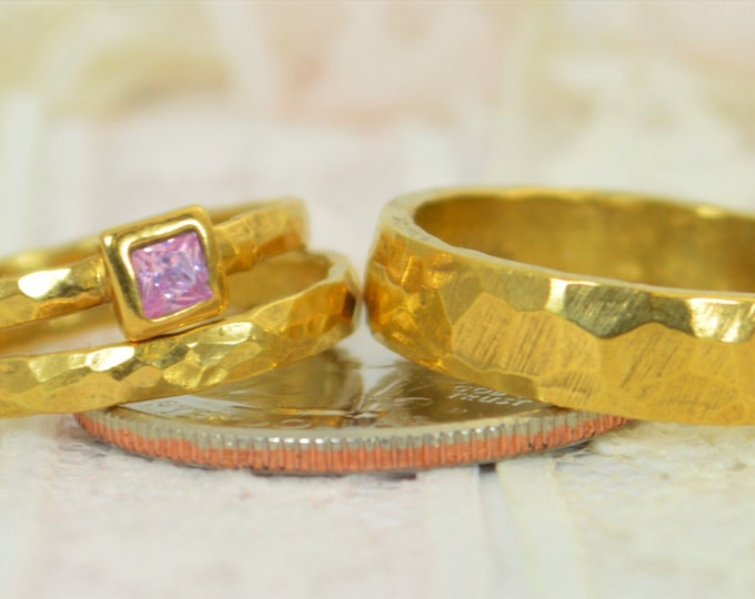 Square Pink Tourmaline Engagement Ring, 14k Gold Filled, Tourmaline Wedding Ring Set, Rustic Wedding Ring Set, October Birthstone Tourmaline