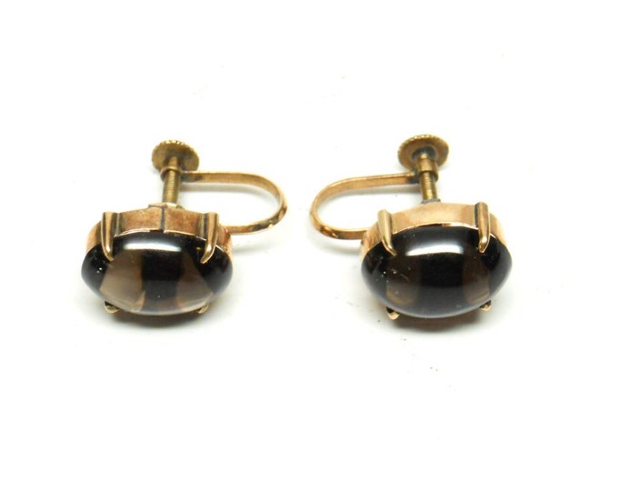 Storewide 25% Off SALE Vintage 14k Gold Set Smokey Brown Topaz Cabochon Earrings Featuring French Post Classical Design