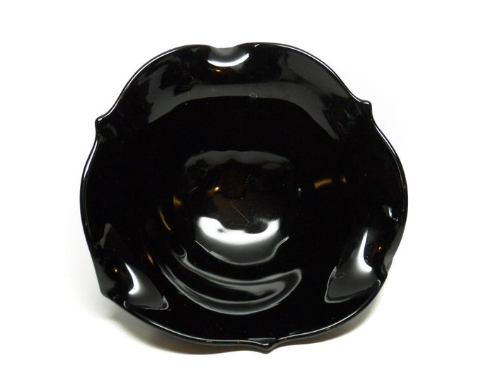 Storewide 25% Off SALE Vintage Rich Black Heavy Glass Footed Centerpiece Bowl Featuring Drop Edge Ruffled Design