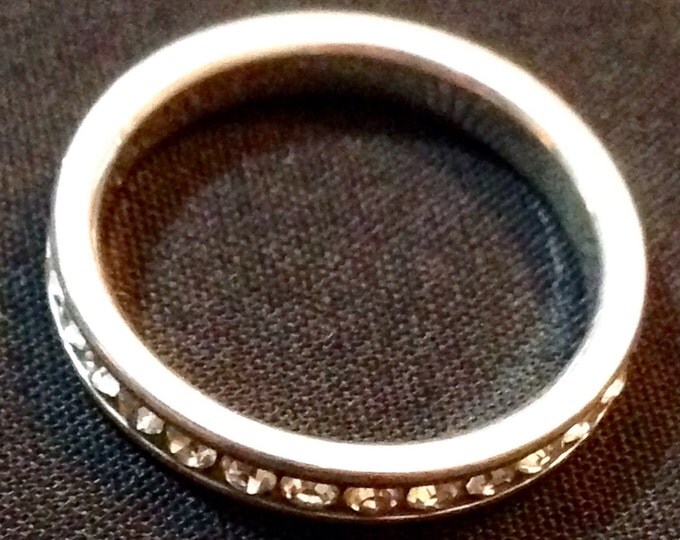 Storewide 25% Off SALE Vintage Platinum Silver Tone Clear Rhinestone Eternity Cocktail Ring Featuring Diamond Style Channel Setting With Sle