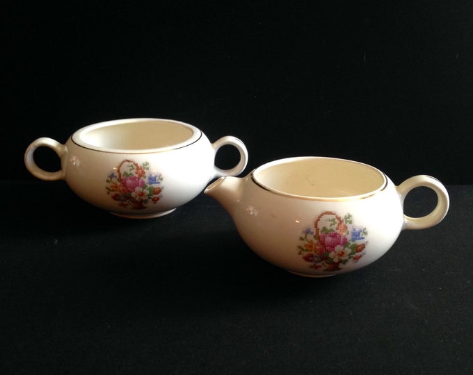 Storewide 25% Off SALE Vintage Porcelain Quaker Petit Point 23k Gold Painted Serving Creamer & Double Handled Sugar Bowl Featuring Elegant R