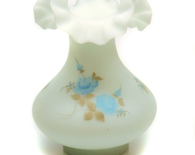 Storewide 25% Off SALE Vintage Hand Painted Pale Blue Rose Designed Satin Custard Floral Vase Featuring Elegant Ruffled Design Finish