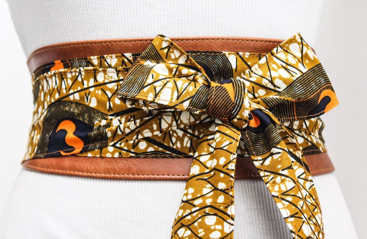 Tan Leather African Print Obi Belt l Leather Ankara by LoveYaaYaa