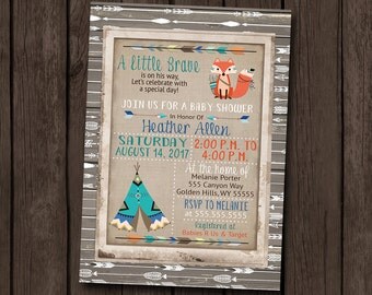 Boy Baby Shower Invitation Tribal Woodland Rustic Arrow Little Brave Wood Burlap Vintage Teepee Printable Digital File I Customize For You