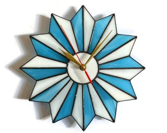 Mid Century Modern Wall Clock Stained Glass Mid-Century Starburst Atomic Unique Midcentury Geometric Hanging Art Decor Turquoise Blue White