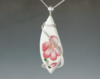 Pink Flower Vintage Ceramic/ Dinnerware Cold Forged Sterling Silver Pendant