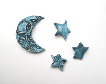 Ceramic ~wall sculpture ~Teal blue wall art ~blue wall sculpture ~Moon and stars ~Stars ~ceramic wall art ~outdoor wall art ~Garden ~fence