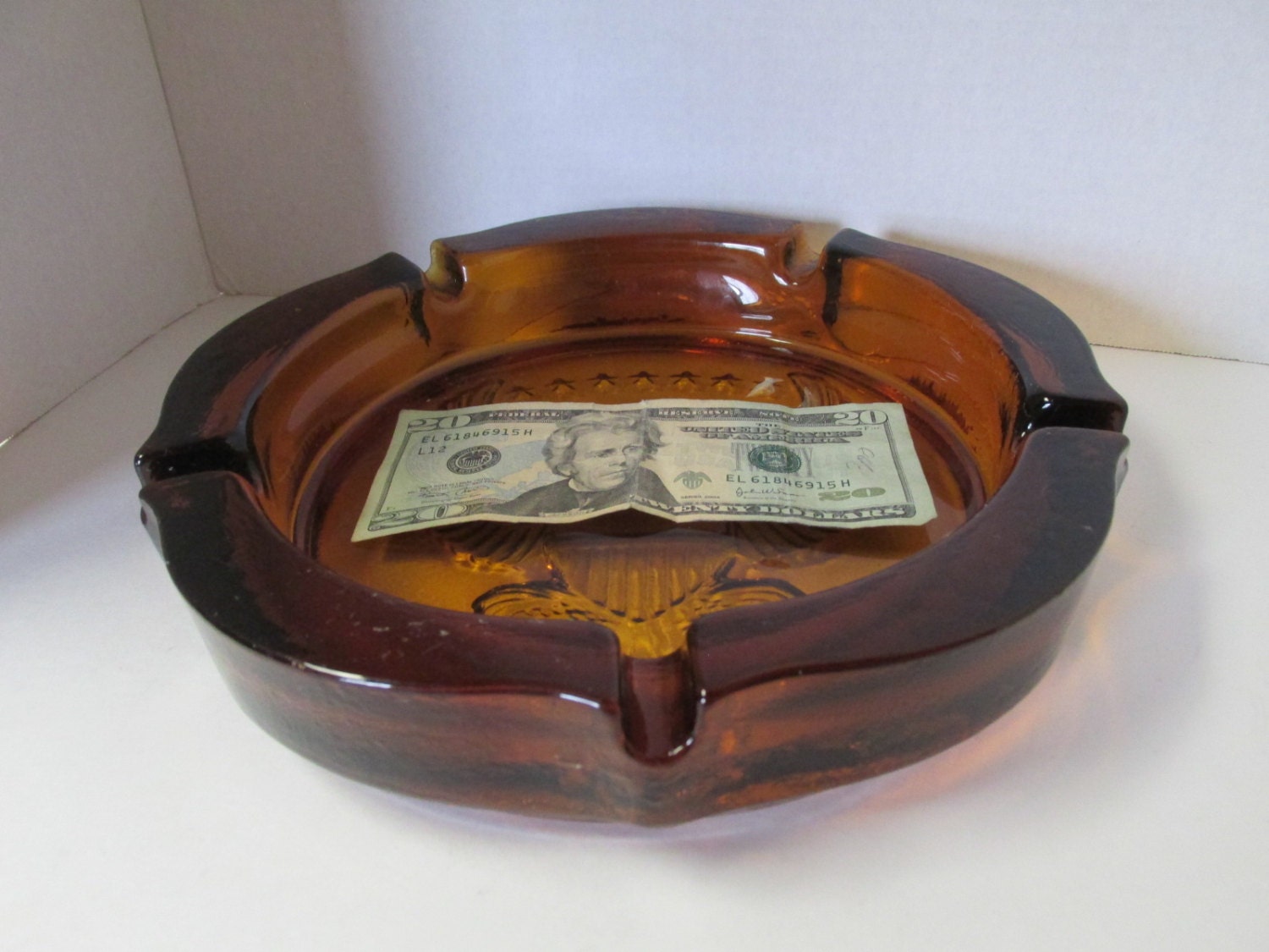 Vintage LARGE Amber Glass Eagle Cigar Ashtray / Indiana Glass