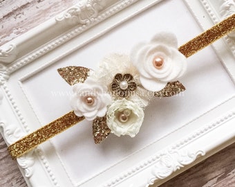 Ivory Gold Headband, Gold Baby Headband, Christening Headband, White Gold Hairbows, Glitter Felt Bows Ivory Headband Christmas Felt Headband