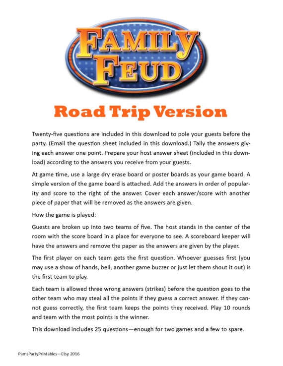 Road Trip Family Feud Printable Game Game to Play in the