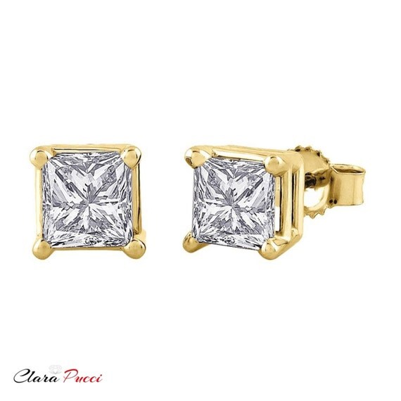 Wedding Earrings, Earrings Wedding, Earring Wedding, Earring, 3.0 Ct Princess Cut Solitaire Stud Earrings Solid 14k Yellow Gold Push Back