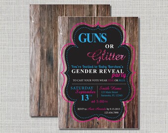 Gender Reveal Party Invitation // Guns and Glitter // Reveal Party Invite // Printed Invitation // Country Invitation // Baby Gender