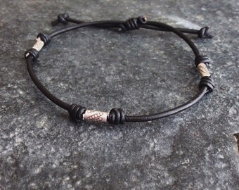 Mens leather bracelet - simple leather bracelet - mens sterling silver bracelet - mens adjustable bracelet