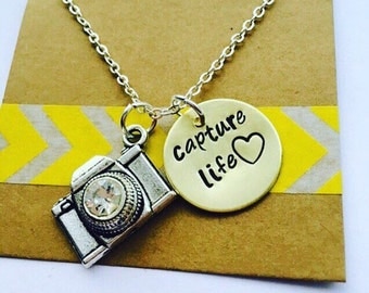 Camera Necklace, Camera Necklace - Photographer Gift-Brass- Capture Life -Hand stamped Jewelry - Photography
