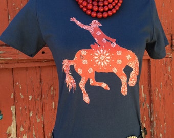 Red bandana bronc rider bucking horse tee / indigo tee / graphic t shirt / rodeo / western / cowgirl / cowboy