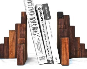 Rustic Wood Bookends, Walnut - Set of 2, Wood Art, Wooden Bookends, City Scene Bookends, Rustic Modern Bookends, Wood Book Ends