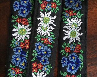 Vintage French Floral Embroidered Ribbon, Black with White, Red, Green and Blue embroidery, 1 5/8" wide
