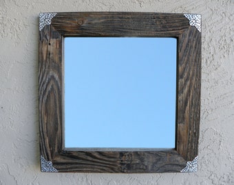 Reclaimed Wood Mirror with Silver Filigree Corners. Rustic Mirror. Eco Friendly. Wooden Frame Mirror. Modern Mirror. Bathroom Mirror. 20x20