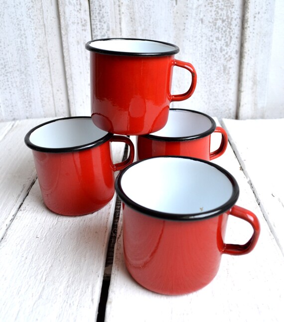 Set of 4 Red & White Enamel Tea Cups Vintage French Enamelware