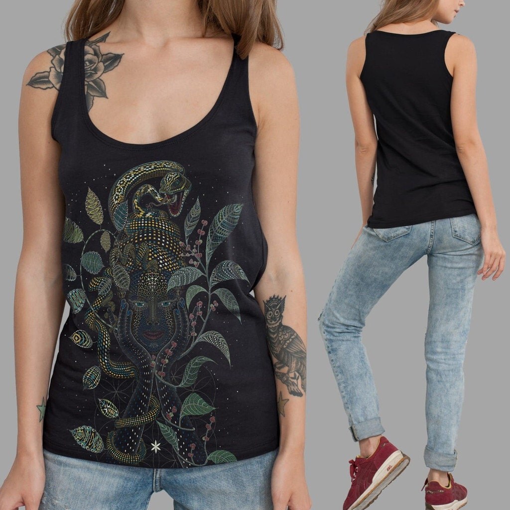 Psychedelic Ayahuasca Inspired Tank Top for Women in Black