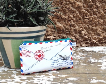 Airmail zipper pouch,postage envelope purse,coin purse,hand screen printed pouch,nautical stamp purse,summer bag,phone case,original gift
