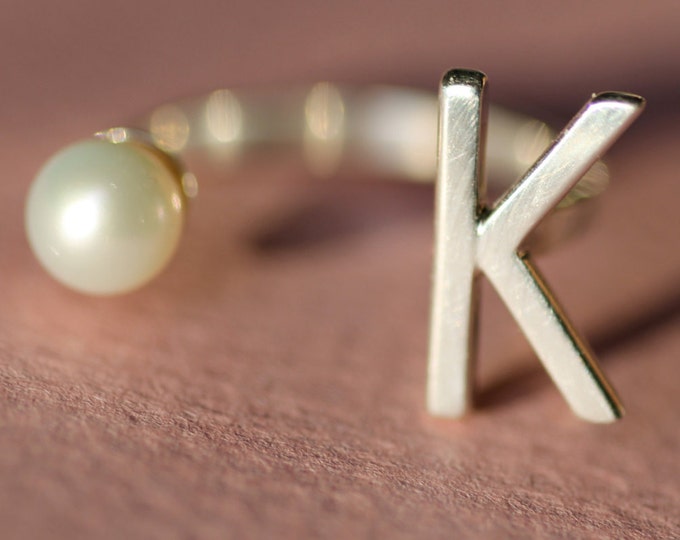 Initial ring Monogram Pearl Personalized name Sterling Silver Cuff Open form Gift idea Unique gold monogram ring