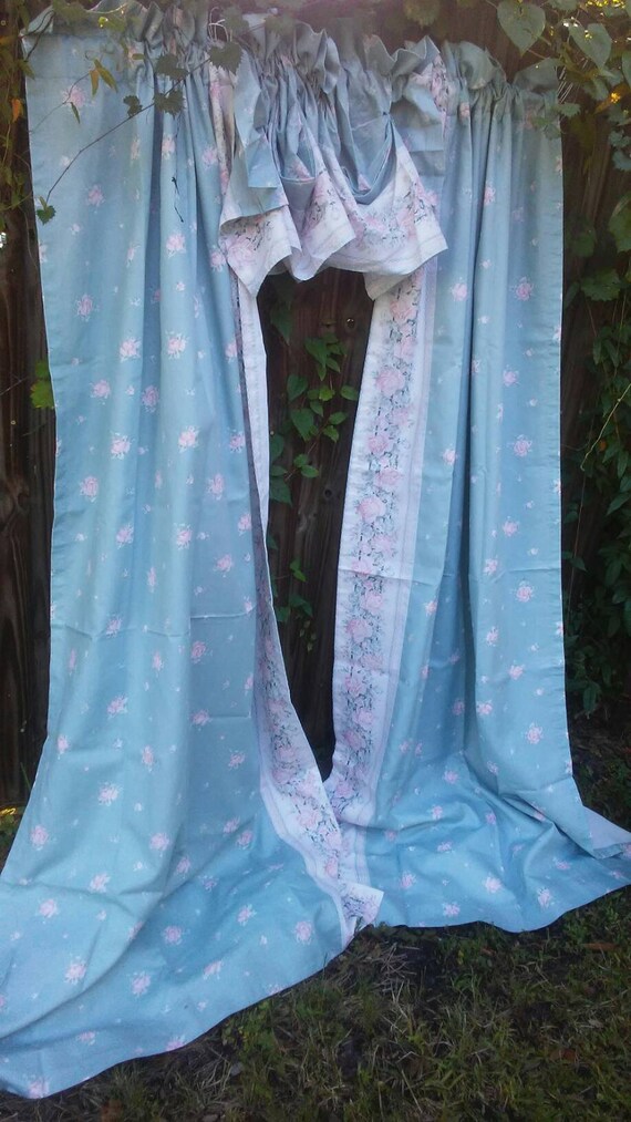 Lovely Blue And Pink Shabby Chic Lined Curtainscabbage Roses